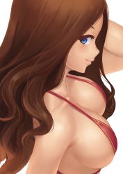 Rule 34 | 1girl, bare shoulders, bikini, bikini top only, blue eyes, blush, breasts, brown hair, cleavage, closed mouth, collarbone, fate/grand order, fate (series), highres, large breasts, leonardo da vinci (fate), long hair, looking at viewer, parted bangs, ranma (kamenrideroz), red bikini, simple background, smile, solo, swimsuit, white background