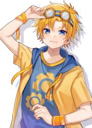 Rule 34 | 1boy, absurdres, blonde hair, blue eyes, blue shirt, child, closed mouth, commentary, commission, goggles, goggles on head, highres, hood, hoodie, looking at viewer, male focus, original, shirt, skeb commission, solo, solo focus, sora (sora11262), white background