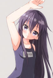 Rule 34 | 10s, 1girl, akatsuki (kancolle), arm up, armpits, bare shoulders, black hair, blush, hair between eyes, kantai collection, long hair, looking at viewer, name tag, one-piece swimsuit, school swimsuit, simple background, smile, solo, swimsuit, yuzuru (hayuiop123)