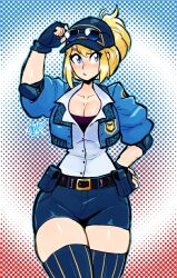 Rule 34 | 1girl, belt, blonde hair, blue eyes, blush, breasts, capcom, cleavage, curvy, elbow pads, final fight, final fight 3, fingerless gloves, freckles, gloves, hat, highres, jacket, jamoart, large breasts, lucia morgan, police, police uniform, policewoman, ponytail, shiny skin, shorts, street fighter, street fighter v, sunglasses, sunglasses on head, thick thighs, thighhighs, thighs, uniform, wide hips