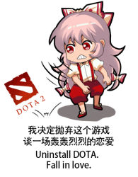 Rule 34 | 1girl, bilingual, bow, chinese text, clenched teeth, dota (series), dota 2, english text, engrish text, frown, fujiwara no mokou, hair bow, jokanhiyou, logo, long hair, mixed-language text, motion lines, pink hair, ranguage, red eyes, solo, suspenders, teeth, throwing, touhou, translation request, v-shaped eyebrows