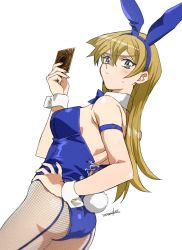 Rule 34 | 1girl, 203wolves, animal ears, arm strap, blonde hair, blue hairband, blue leotard, blue neckwear, blush, brown eyes, card, closed mouth, detached collar, fake animal ears, fake tail, fishnet pantyhose, fishnets, from side, hair between eyes, hairband, highres, holding, holding card, leotard, long hair, pantyhose, playboy bunny, rabbit ears, rabbit tail, signature, simple background, solo, straight hair, strapless, strapless leotard, sweatdrop, tail, tenjouin asuka, very long hair, white background, wrist cuffs, yu-gi-oh!, yu-gi-oh! gx