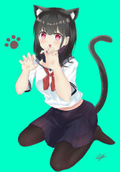 Rule 34 | 7 calpis 7, animal ear fluff, animal ears, black hair, black pantyhose, blue sailor collar, blue skirt, blush, breasts, cat ears, cat girl, cat tail, claw pose, commentary request, full body, green background, hair between eyes, highres, long hair, looking at viewer, neckerchief, original, pantyhose, pleated skirt, red eyes, red neckerchief, sailor collar, school uniform, serafuku, short sleeves, signature, simple background, skirt, small breasts, solo, tail, tail raised, v-shaped eyebrows
