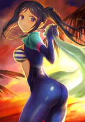 Rule 34 | 1girl, ass, bad id, bad pixiv id, beach, bikini, bikini top only, blue hair, blush, bodysuit, breasts, cowboy shot, diving suit, evening, floating hair, from side, long hair, looking at viewer, love live!, love live! school idol festival, love live! sunshine!!, matsuura kanan, open bodysuit, open clothes, open wetsuit, outdoors, purple eyes, shiny clothes, smile, solo, standing, striped bikini, striped bikini top, striped clothes, swimsuit, tamamushi, very long hair, wetsuit