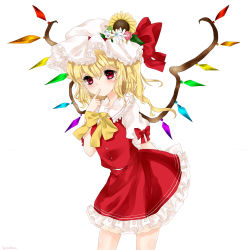Rule 34 | 1girl, bad id, bad pixiv id, bent over, blonde hair, bow, finger to mouth, flandre scarlet, flower, hat, hat bow, hat flower, highres, koyashaka, mob cap, puffy sleeves, shirt, short sleeves, side ponytail, simple background, skirt, skirt set, solo, ss (ssj2822533), sunflower, touhou, vest, white background, white hat, wings