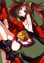 Rule 34 | 1girl, bare shoulders, boots, breasts, brown eyes, brown hair, china dress, chinese clothes, detached sleeves, dress, guilty gear, guilty gear xrd, hair ornament, highres, kouzuki (shangorilla), kuradoberi jam, large breasts, long hair, open mouth, skirt, solo, very long hair