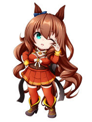 Rule 34 | 1girl, ;d, animal ears, blue bow, blue eyes, boots, bow, breasts, brown footwear, brown hair, brown shirt, chibi, ear bow, full body, hair between eyes, hand on own hip, hand up, high heel boots, high heels, highres, horse ears, horse girl, horse tail, jacket, kuena, long hair, long sleeves, looking at viewer, maruzensky (umamusume), medium breasts, one eye closed, open mouth, pleated skirt, red jacket, red skirt, red thighhighs, shirt, simple background, skirt, smile, solo, standing, tail, thighhighs, thighhighs under boots, umamusume, very long hair, white background