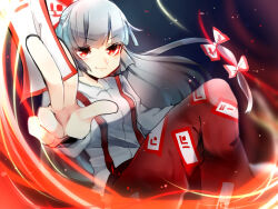 Rule 34 | 1girl, attack, between fingers, blunt bangs, bow, closed mouth, collared shirt, commentary request, fire, fujiwara no mokou, hair bow, holding, holding ofuda, leg up, long hair, long sleeves, looking at viewer, multiple hair bows, night, ofuda, ofuda between fingers, ofuda on clothes, outstretched arm, pants, puffy pants, red eyes, red pants, red trim, shirt, smirk, suspenders, suzune hapinesu, touhou, v-shaped eyebrows, very long hair, white bow, white hair, white shirt