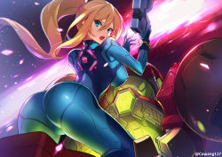 Rule 34 | 1girl, :o, armor, ass, backlighting, blonde hair, blue eyes, bodysuit, breasts, cawang, covered erect nipples, embers, energy, energy beam, from behind, gun, highres, impossible bodysuit, impossible clothes, large breasts, leaning forward, long hair, metroid, nintendo, ponytail, power armor, samus aran, skin tight, solo, twitter username, weapon, zero suit