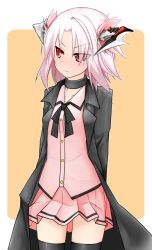 Rule 34 | 1girl, arms behind back, black thighhighs, collar, horns, original, ouka september, pink hair, prosthesis, red-eyes macadamiachoco, red eyes, short hair, skirt, solo, tears, thighhighs