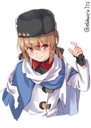 Rule 34 | 1girl, black bow, black gloves, black hat, blouse, blue shawl, blush, bow, brown eyes, brown hair, closed mouth, ebifurya, fingerless gloves, fur hat, gloves, hair between eyes, hair bow, hair ornament, hairclip, hat, highres, jacket, kantai collection, long hair, low twintails, papakha, red shirt, russian clothes, scarf, shawl, shirt, simple background, smile, solo, star (symbol), tashkent (kancolle), torn clothes, torn scarf, twintails, twitter username, white background, white jacket, white scarf