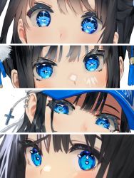 Rule 34 | 4girls, bad id, bad twitter id, baseball cap, black hair, blue eyes, blue headwear, blue theme, blush, character request, commentary request, copyright request, crossed bangs, earrings, eye focus, hair ornament, hair tie, hat, heart, heart-shaped pupils, highres, jewelry, looking at viewer, mashiro kta, multicolored clothes, multicolored headwear, multiple girls, one side up, sidelocks, sideways glance, symbol-shaped pupils, tassel, tassel hair ornament, white headwear