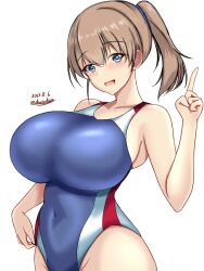 Rule 34 | 1girl, blue eyes, blue one-piece swimsuit, blush, breasts, brown hair, competition swimsuit, covered navel, cowboy shot, dated, hair between eyes, high side ponytail, highleg, highleg swimsuit, highres, huge breasts, impossible clothes, impossible swimsuit, intrepid (kancolle), kantai collection, looking at viewer, montemasa, multicolored clothes, multicolored swimsuit, one-hour drawing challenge, one-piece swimsuit, open mouth, ponytail, short hair, simple background, smile, solo, swimsuit, twitter username, two-tone swimsuit, white background