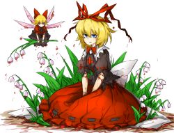 Rule 34 | 1girl, bad id, bad pixiv id, black shirt, black skirt, blonde hair, blue eyes, doll joints, fairy wings, flower, full body, hair ribbon, hands on lap, holding, holding flower, joints, kankan33333, lily of the valley, medicine melancholy, poison, red shirt, red skirt, ribbon, ribbon-trimmed clothes, ribbon-trimmed skirt, ribbon trim, shirt, short hair, short sleeves, simple background, sitting, skirt, solo, su-san, touhou, white background, wings