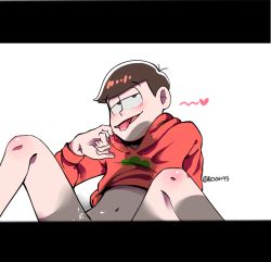 Rule 34 | 10s, 1boy, bad id, bad twitter id, bottomless, brown hair, cum, cum on body, cum on lower body, cum on male, heart, hood, hoodie, letterboxed, looking at viewer, male focus, matsuno osomatsu, naughty face, osomatsu-kun, osomatsu-san, osomatsu (series), out-of-frame censoring, saliva, saliva trail, shadow, simple background, smile, solo, spoken heart, spread legs, tongue, tongue out, white background