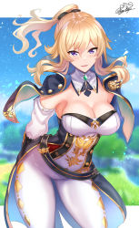 Rule 34 | 1girl, absurdres, blonde hair, blue eyes, blush, breasts, capelet, cleavage, genshin impact, highres, jean (genshin impact), large breasts, long hair, looking at viewer, multicolored capelet, nez-box, open mouth, pants, smile, solo, thighs, tight clothes, tight pants, white pants