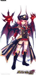 Rule 34 | 1girl, artist name, asymmetrical legwear, bad id, bad pixiv id, belt, black footwear, black hat, boots, copyright name, demon girl, demon horns, demon tail, demon wings, epaulettes, full body, hand on own hip, hat, highres, holding, holding sword, holding weapon, horns, kyara36, looking at viewer, maou no hajimekata (dmm), official art, pink hair, pleated skirt, pointy ears, red eyes, red skirt, short hair, simple background, skirt, smile, solo, standing, sword, tail, thigh strap, thighhighs, uneven legwear, watermark, weapon, white background, white thighhighs, wings