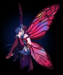 Rule 34 | absurdres, butterfly wings, crown of thorns, curled up, dash (734851641), facial mark, fire emblem, fire emblem heroes, forehead mark, hands on own knees, highres, insect wings, looking at viewer, multicolored hair, nintendo, parted bangs, plumeria (fire emblem), ponytail, red eyes, two-tone hair, wings