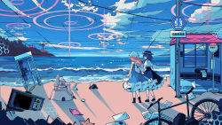 Rule 34 | 2girls, antennae, backpack, bag, beach, bicycle, black footwear, black skirt, blonde hair, blue sky, boots, bow, bus stop, circle, cloud, cloudy sky, commentary request, dress, facing away, fedora, footwear bow, frilled skirt, frills, hat, hexagon, highres, holding hands, kirero, long hair, looking to the side, maribel hearn, mary janes, mob cap, multiple girls, ocean, paper, phone booth, purple dress, radio, randoseru, ribbon-trimmed skirt, ribbon trim, sand, sand castle, sand sculpture, shadow, shell, shirt, shoes, short hair, shovel, signpost, skirt, sky, starfish, touhou, usami renko, utility pole, waves, white legwear, white shirt