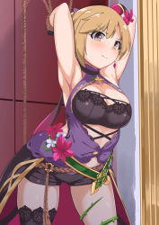 Rule 34 | 1girl, aiba yumi, armpits, arms up, bdsm, blush, bondage, bound, breasts, brown eyes, brown hair, cleavage, cowboy shot, earrings, flower, highres, idolmaster, idolmaster cinderella girls, idolmaster cinderella girls starlight stage, jewelry, key, rope, short hair, shorts, single thighhigh, solo, thighhighs