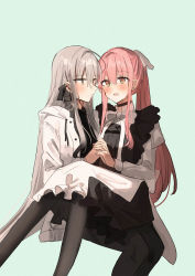 Rule 34 | 2girls, :d, black bow, black dress, black legwear, black neckwear, black shirt, blush, bow, brown eyes, chihuri, closed mouth, collared shirt, dress, ear piercing, earrings, eye contact, green background, grey eyes, grey hair, hair between eyes, hair bow, hair ribbon, highres, holding hands, interlocked fingers, jacket, jewelry, juliet sleeves, long hair, long sleeves, looking at another, multiple girls, necktie, open clothes, open jacket, open mouth, original, pantyhose, piercing, pink hair, ponytail, puffy sleeves, ribbon, shirt, simple background, sitting, sitting on lap, sitting on person, sleeveless, sleeveless dress, smile, stud earrings, very long hair, white bow, white jacket, white ribbon, white shirt, yana (chihuri), yuri, zoya petrovna vecheslova