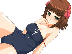 Rule 34 | 00s, 1girl, amami haruka, blush, breasts, brown hair, cum, cum in mouth, cum on body, cum on breasts, cum on upper body, green eyes, idolmaster, idolmaster (classic), idolmaster 1, kazuto san, large breasts, one-piece swimsuit, ribbon, school swimsuit, short hair, solo, swimsuit