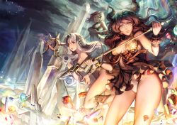 Rule 34 | 3girls, bare shoulders, black hair, breasts, caesty, cleavage, commentary request, crystal, dress, fantasy, gem, horns, lips, long hair, looking at viewer, multiple girls, nose, original, pinky out, polearm, short hair, silver hair, spear, staff, strapless, strapless dress, thighs, weapon