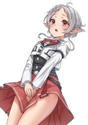 Rule 34 | 1girl, ahoge, bow, covering crotch, covering privates, cowboy shot, elf, highres, long sleeves, mushoku tensei, open mouth, pleated skirt, pointy ears, red bow, red eyes, red skirt, school uniform, shirt, short hair, skirt, solo, syagare, sylphiette (mushoku tensei), vest, white background, white hair, white vest