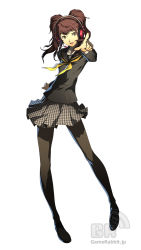 Rule 34 | 1girl, arc system works, atlus, breasts, brown eyes, brown hair, headset, kujikawa rise, long hair, looking at viewer, official art, open mouth, persona, persona 4, persona 4: the ultimate in mayonaka arena, pointing, school uniform, serafuku, skirt, smile, soejima shigenori, solo, thighhighs, twintails, watermark, zettai ryouiki