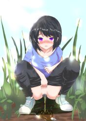 Rule 34 | 1girl, absurdres, black hair, black pants, blue shirt, blush, breasts, buta no fuguri, clothes pull, cloud, collarbone, grass, green footwear, highres, looking down, medium breasts, open mouth, pants, pants pull, peeing, pubic hair, puddle, purple eyes, pussy, shirt, shoes, short hair, short sleeves, sky, sneakers, squatting, uncensored