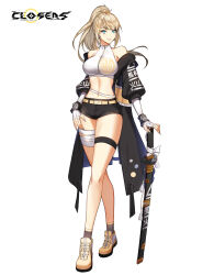Rule 34 | 1girl, bandages, bare shoulders, belt, black jacket, black shorts, blonde hair, blue eyes, breasts, closers, crop top, crossed legs, elbow gloves, fingerless gloves, floating hair, gloves, gradient hair, grey socks, grin, harpy (closers), highres, jacket, large breasts, long hair, looking at viewer, micro shorts, midriff, mole, mole under eye, multicolored hair, nail polish, navel, non-web source, off shoulder, official art, open clothes, open jacket, ponytail, shirt, shoes, shorts, sleeveless, sleeveless shirt, slit pupils, smile, socks, solo, standing, stomach, thigh strap, thighs, watson cross, white gloves, white shirt