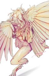 Rule 34 | 1other, abs, androgynous, bell7545, body fur, closed mouth, commentary, dated, eyelashes, feather hair, from side, harpy, highres, looking at viewer, monochrome, monster girl, nude, original, purple eyes, running, sideways glance, signature, solo, white background, winged arms, wings