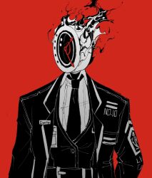 Rule 34 | 1other, alternate uniform, belt, black necktie, coat, collared shirt, dante (limbus company), highres, limbus company, limited palette, long sleeves, maskv, necktie, project moon, red background, shirt, simple background, solo, upper body, vest, white shirt, wing collar