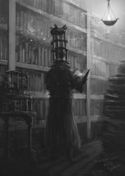 Rule 34 | 1boy, artist name, bloodborne, book, book stack, bookshelf, cage, capelet, cloak, fire, fire, from behind, greyscale, helmet, highres, lamp, male focus, micolash host of the nightmare, monochrome, open book, reading, shelf, shoes, solo, standing, table, tripdancer