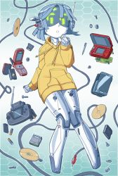Rule 34 | 1girl, battery, cable, cameron sewell, cd, cellphone, clenched hand, flip phone, floating, game cartridge, green eyes, hand on own chin, handheld game console, highres, hood, hoodie, humanoid robot, joulie (cameron sewell), neo geo pocket color, nintendo ds, open mouth, original, phone, radio antenna, robot, screw, smartphone, solo, visor, yellow hoodie