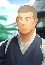Rule 34 | 1boy, bara, black eyes, blurry, blurry background, collarbone, day, frown, grey hair, itto (mentaiko), japanese clothes, kimono, looking to the side, male focus, muscular, original, outdoors, scar, shaved head, solo, sunlight, upper body