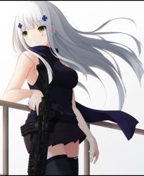 Rule 34 | 1girl, armpits, arms at sides, artist name, assault rifle, bare arms, bare shoulders, belt, black shirt, black skirt, black thighhighs, blue scarf, blush, breasts, closed mouth, commentary, cowboy shot, expressionless, facial mark, floating hair, girls&#039; frontline, green eyes, gun, h&amp;k hk416, hair ornament, heckler &amp; koch, highres, hk416 (girls&#039; frontline), holding, holding gun, holding weapon, keenh, leaning back, letterboxed, long hair, looking to the side, medium breasts, miniskirt, name connection, object namesake, pleated skirt, railing, rifle, scarf, shirt, sidelocks, skirt, sleeveless, sleeveless shirt, solo, standing, thighhighs, trigger discipline, weapon, white background, white hair, wind, zettai ryouiki