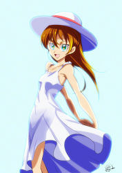 Rule 34 | 1girl, 2018, :d, arms behind back, blue background, breasts, brown hair, character request, collarbone, dated, dress, floating hair, green eyes, hair between eyes, hat, interlocked fingers, leaning back, long hair, open mouth, own hands together, precure, see-through silhouette, signature, sleeveless, sleeveless dress, small breasts, smile, solo, standing, sun hat, sundress, tomo5656ky, white dress, white hat