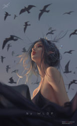 Rule 34 | 1girl, artist name, backless dress, backless outfit, bare shoulders, bird, black dress, dress, evening gown, from below, ghostblade, grey hair, grey sky, hair bun, highres, jewelry, looking up, necklace, ocean, pointy ears, princess yan, single hair bun, sky, solo, tiara, wlop