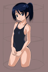 Rule 34 | 1girl, bad id, bad pixiv id, black eyes, blue hair, competition swimsuit, cropped legs, looking at viewer, one-piece swimsuit, original, ponytail, rohitsuka, short hair, solo, standing, swimsuit