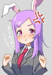 Rule 34 | 1girl, :t, anger vein, animal ears, black jacket, blush, breasts, closed mouth, collared shirt, commentary request, cookie (touhou), crying, crying with eyes open, frown, grey background, highres, hisui (cookie), jacket, long hair, long sleeves, looking at viewer, medium breasts, necktie, pink eyes, pout, pura (aiueo256375), purple hair, rabbit ears, rabbit girl, red necktie, reisen udongein inaba, shirt, simple background, solo, swept bangs, tears, touhou, translation request, upper body, white shirt