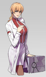 Rule 34 | 1girl, absurdres, blonde hair, blue eyes, box, breasts, closed mouth, cowboy shot, earrings, eyebrows, fressange ines, gradient background, grey background, hair between eyes, half-closed eyes, hand on own chest, highres, jewelry, kidou senkan nadesico, lab coat, large breasts, legs, long hair, long sleeves, looking at viewer, oda non, pantyhose, simple background, skirt, smile, solo, stud earrings, thighs, uniform, white skirt