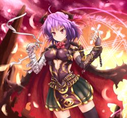 Rule 34 | 1girl, alternate costume, armor, bandages, black thighhighs, breasts, bridal gauntlets, cape, dark persona, fantasy, female focus, fire, flower, horns, ibaraki kasen, magic circle, pink hair, red eyes, rose, short hair, solo, sumapan, thighhighs, torn cape, torn clothes, touhou