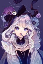 Rule 34 | 1girl, :o, bad id, bad pixiv id, black bow, black dress, blue flower, bow, breasts, bubble, candy, cherrypin, dress, earrings, eyeliner, flower, food, food in mouth, hair bow, head tilt, highres, jewelry, lollipop, long hair, long sleeves, looking at viewer, makeup, open mouth, original, puffy long sleeves, puffy sleeves, purple eyes, purple flower, shirt, silver hair, small breasts, solo, very long hair, white shirt