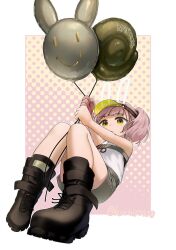 Rule 34 | 1girl, animal ears, balloon, black footwear, boots, commentary request, expressionless, fake animal ears, foreshortening, girls&#039; frontline, girls&#039; frontline neural cloud, highres, holding, holding balloon, koohii0530, pink hair, rabbit balloon, shirt, short twintails, shorts, simple background, sleeveless, sleeveless shirt, solo, taisch (neural cloud), twintails, twitter username, visor cap, white shirt, yellow eyes