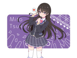 Rule 34 | 1girl, black hair, blazer, blue eyes, blush, bow, bowtie, braid, character name, french braid, galge03, hair ornament, hairclip, heart, holding, holding microphone, jacket, long hair, looking at viewer, microphone, nijisanji, open mouth, pleated skirt, school uniform, skirt, spoken heart, thighhighs, tsukino mito, tsukino mito (1st costume), v, virtual youtuber, zettai ryouiki