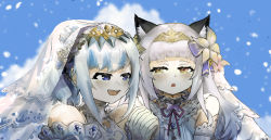 Rule 34 | 2girls, :d, absurdres, animal ear fluff, animal ears, blue eyes, blue hair, blue sky, blunt bangs, blurry, blurry background, brown eyes, cat ears, day, elbow gloves, eyes visible through hair, flower, gawr gura, gloves, grey hair, hair flower, hair ornament, highres, holding hands, hololive, hololive english, interlocked fingers, long hair, looking at another, multiple girls, murasaki shion, open mouth, outdoors, sharp teeth, sidelocks, sky, smile, teeth, tiara, upper body, veil, virtual youtuber, vyragami, wedding, white gloves
