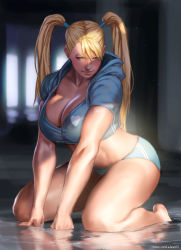 Rule 34 | 1girl, barefoot, blonde hair, blue eyes, blush, breasts, capcom, casual, cleavage, crop top, curvy, dappled sunlight, full body, heart, heart print, hood, hood down, huge breasts, kneeling, long hair, looking to the side, midriff, no mask, rainbow mika, rejean dubois, solo, street fighter, street fighter v, sunlight, sweat, thick thighs, thighs, twintails, v arms, water
