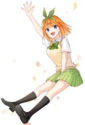 Rule 34 | 1girl, absurdres, bare arms, bare legs, between legs, black footwear, black socks, blue eyes, bow, bowtie, breasts, collared shirt, falling petals, go-toubun no hanayome, green bow, green bowtie, green ribbon, green skirt, hair ribbon, hand between legs, hand up, highres, kneehighs, legs, legs apart, loafers, looking at viewer, meijin kusano, nakano yotsuba, open mouth, orange hair, outstretched legs, petals, pleated skirt, ribbon, school uniform, shirt, shoe soles, shoes, short hair, short sleeves, skirt, smile, socks, solo, teeth, thighs, upper teeth only, vest, waving, white background, white shirt, yellow vest