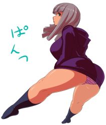 Rule 34 | 1girl, animated, animated gif, ass, blunt bangs, breasts, flashing, green eyes, grey hair, hood, hoodie, large breasts, long hair, looking back, lowres, no pants, no shoes, original, panties, pantyshot, sashizume soutarou, socks, solo, striped clothes, striped panties, thick thighs, thighs, underwear